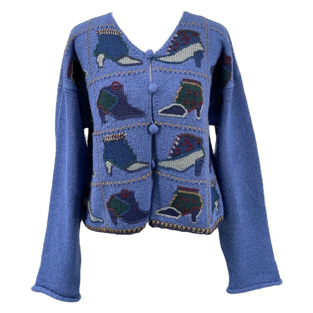 April Cornell Blue Cardigan with Multicolor Shoe Pattern